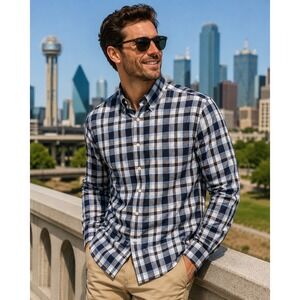 MTailor Custom Button Down Shirt Men 2XL Blue‎ Plaid Check 100% Cotton Casual